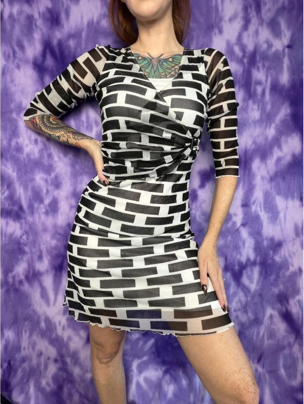 Y2k black and white brick print wrap dress